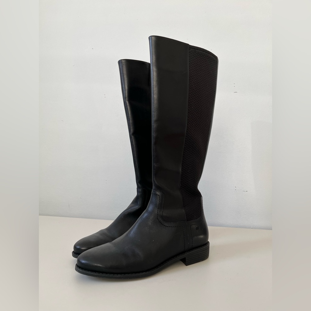 SOLD - Cole Haan Black Leather Long Boots w/ zipper & back elastic, waterproof